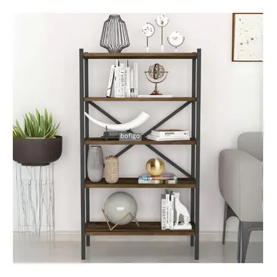 (Burnt Oak) 5-Shelf Wood Bookcase Unit With Metal Frame