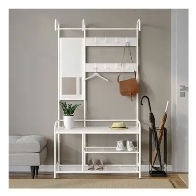 (White & White) Hallway Coat Hanger Stand & Shoe Bench Storage