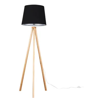 Modern Light Wood Tripod Design Floor Lamp with a Black Tapered Shade - Complete with a 6w LED G