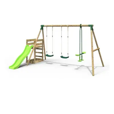 (Neptune, Green) Rebo Wooden Swing Set plus Deck & Slide