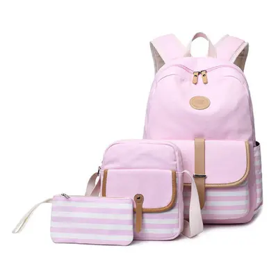 (Pink) 3Pcs/Set Canvas Backpack Rucksack School Bag Waterproof Shoulder Bag Outdoor Travel