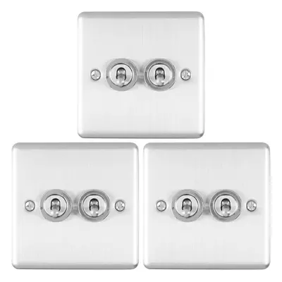 3 PACK Gang Double Retro Toggle Light Switch SATIN STEEL 10A Way Wall Plate