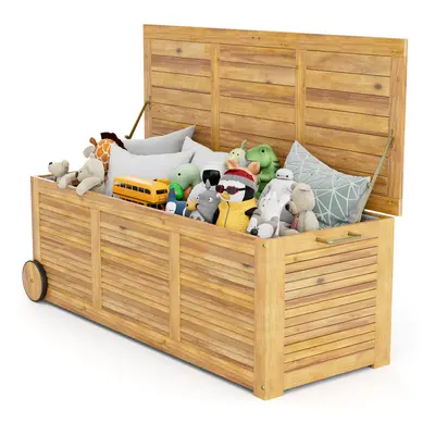 Outdoor Storage Box W/ Wheels Acacia Wooden Patio Storage Deck Box