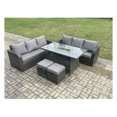 Fimous Rattan Garden Furniture Set with Fire Pit Table Seater Outdoor Lounge Sofa Set Dark Grey 