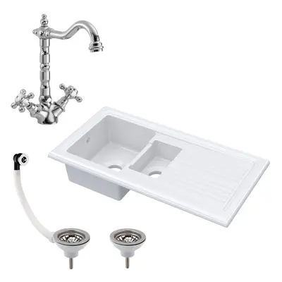 101cm 1.5 Bowl Fireclay Inset Kitchen Sink & Drainer, Classic Tap & Wastes - White