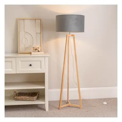 ValueLights Lottie Grey Velvet Shade Natural Wood Tripod Floor Lamp