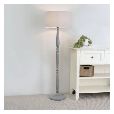 ValueLights Victoria Grey Drum Shade Grey Wood Stem Floor Lamp & Bulb