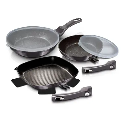 (Carbon Black) 5Pc Non Stick Aluminum Frying Pan Set With Grill Induction Detachable Handles