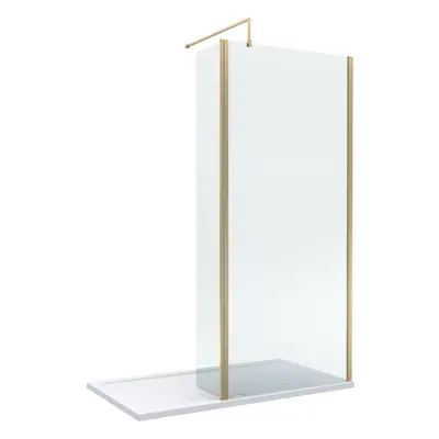 8mm Glass Walk In Wetroom Screen and Hinged Return Screen with Brushed Brass Profile and Shower 