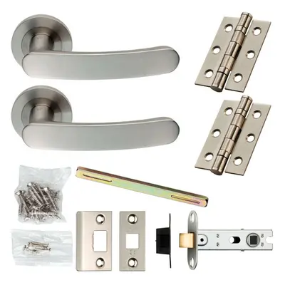 Door Handle & Latch Pack Satin Steel Flat Curved Lever Screwless Round Rose