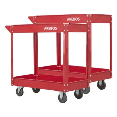 AREBOS 2x Tool Trolley Level Mobile Workshop Trolley Cart Storage Shelf on Wheels - Red