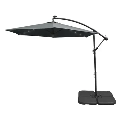 (Grey, Plain Base) 3m LED Cantilever Parasol Banana Umbrella Garden