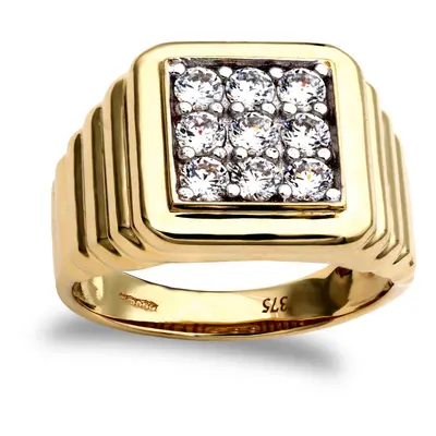 (U) Jewelco London Men's Solid 9ct Yellow Gold White Round Brilliant Cubic Zirconia Stone Square