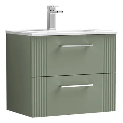 Retro Drawer Wall Hung Vanity Unit with Minimalist Tap Hole Ceramic Basin - 600mm - Satin Green 