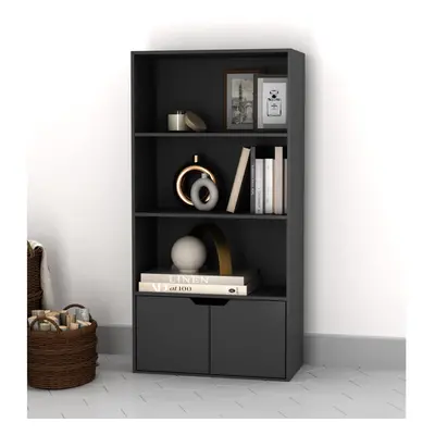 (Black, Black) Tier Wooden Bookcase with Doors Shelving Cabinet