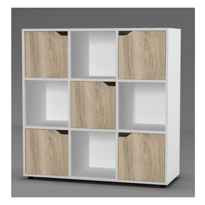 (9 Cube - White, Oak) Cube Wooden Storage Bookcase Unit With Doors