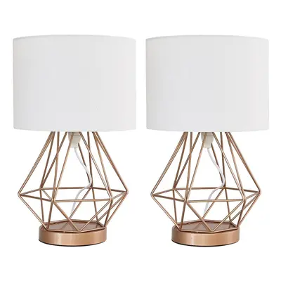 Pair of - Modern Copper Metal Basket Cage Touch Table Lamps with a White Cylinder Shade