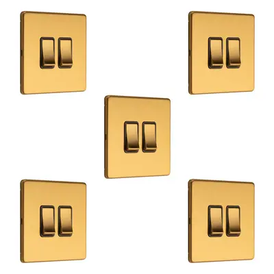 5 PACK Gang Double Light Switch SCREWLESS SATIN BRASS Way 10A Slim Rocker