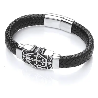 Jewelco London Mens Rhodium Plated Stainless Steel Black Leather Fleur de Lis Cross Cuff Bracele