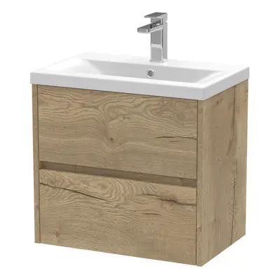 Edge Square Wall Hung Drawer Vanity Unit & Ceramic Basin, 600mm - Woodgrain Autumn Oak - Balterl