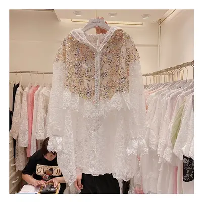 Summer Beaded Lace Stitching Sequins Flare Long Sleeve Hooded Outerwear Beach Holiday Plus Size 