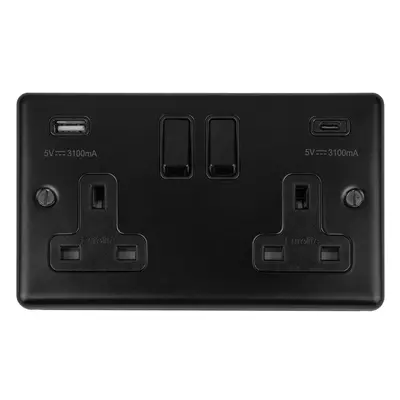 2 Gang Double UK Plug Socket & Dual 3.1A USB-C USB-A MATT BLACK 13A Switched