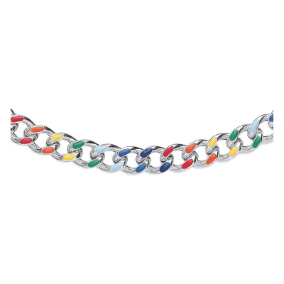 Jewelco London Unisex Rhodium Plated Sterling Silver Rainbow Enamel Curb Chain Necklace 5mm + in