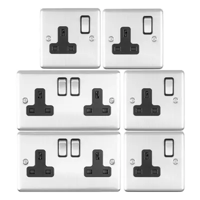 UK Plug Socket Pack -2x Twin & 4x Single Gang- SATIN STEEL / Black 13A Switched