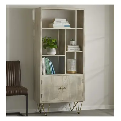 Solid Wood Door Bookcase Living Room Storage Open Shelves Gold Metal Inlay