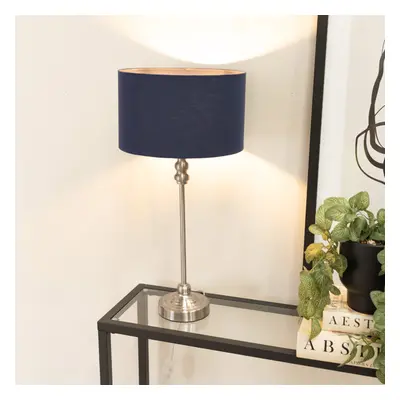 Maggie Chrome Candlestick Table Lamp with Navy Fabric Shade & Bulb