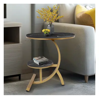 (Black/Gold) Tier C Shaped Round Sintered Stone/Metal End Coffee Sofa Side Centre Table Home Liv