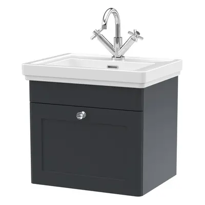 Traditional Wall Hung Drawer Vanity Unit with Tap Hole Fireclay Basin, 500mm - Soft Black