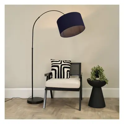 ValueLights Louis Black Arched Floor Lamp with Navy Blue Shade & Bulb