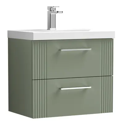 Retro Drawer Wall Hung Vanity Unit with Mid-Edge Tap Hole Ceramic Basin - 600mm - Satin Green - 