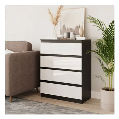 (Black & White) Drawer High Glossy Wooden Bedroom Chest Cabinet No Handle Drawer Storage