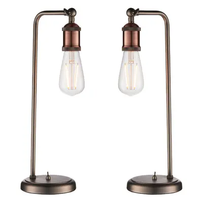 2 PACK Modern Hangman Table Lamp Aged Copper Pewter Industrial Arm Bedside Light