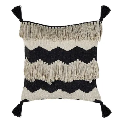 Cotton Cushion Geometric Pattern with Tassels x cm Beige and Black HYDRANGEA