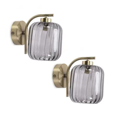 ValueLights Amelie Pair Gold Ribbed Glass Lamp Wall Light with Bulbs