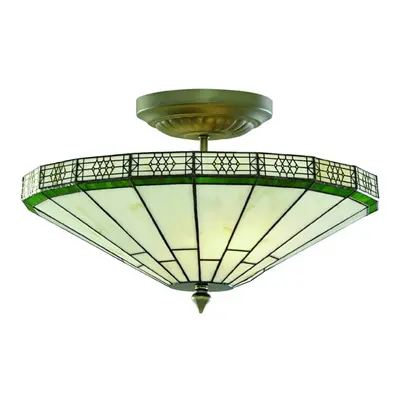 Searchlight New York - Light Semi Flush Ceiling Light Antique Brass, Tiffany Glass, E14