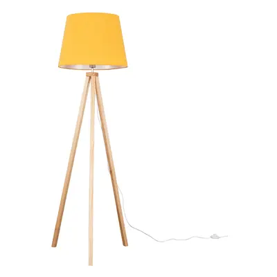 Modern Light Wood Tripod Design Floor Lamp with a Mustard Tapered Shade - Complete with a 6w LED