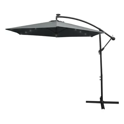 (Grey, No Base) 3m LED Cantilever Parasol Banana Umbrella Garden