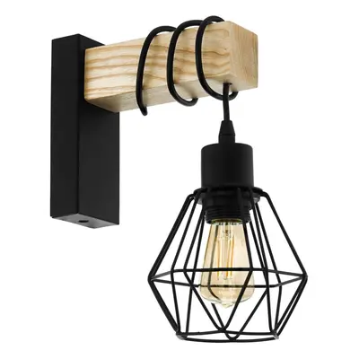 LED Wall Light / Sconce Black Plate & Wood Hangman Cage x 10W E27 Bulb