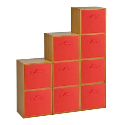 (Beech, Red) Cubed Wooden Storage Units Shelves + Drawers