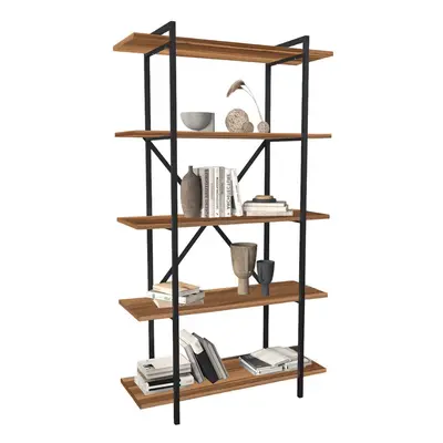 (Walnut) 5-Tier Wooden Bookshelf With Metal Frame