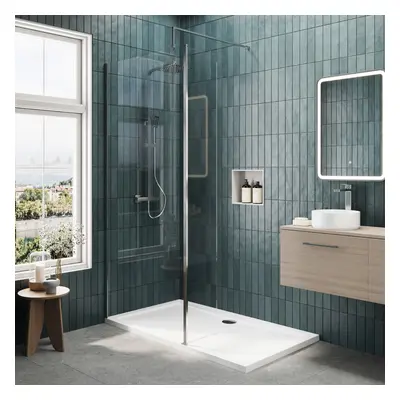 8mm Glass Walk In Wetroom Screen and Hinged Return Screen with Chrome Profile and Shower Tray - 