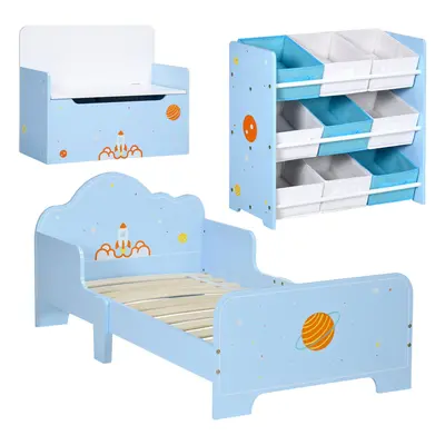 ZONEKIZ 3PCs Kids Bedroom Furniture Set W/ Bed Toy Box Storage Unit, Space, Blue