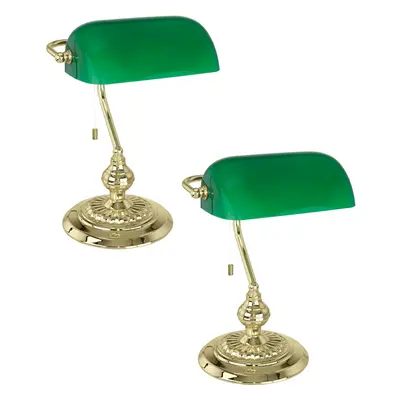 2 PACK Table Lamp Colour Brass Shade Green Glass Painted Pull Switch E27 1x60W