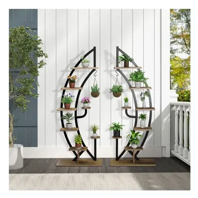 2 PCS 8-Tier Wooden Plant Stand Rack Half Moon Shape Ladder Planter Shelf Pot Stand