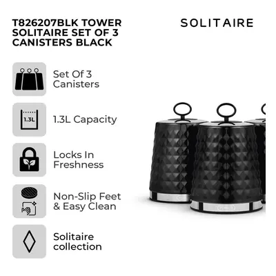 Tower Solitaire Set of Canisters, Mirror Finished Steel Lid, Airtight, Black, T826207BLK