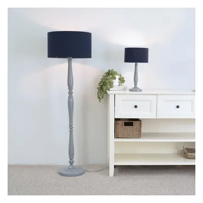 ValueLights Victoria Navy Blue Drum Shade Grey Wood Table Lamp & Bulb